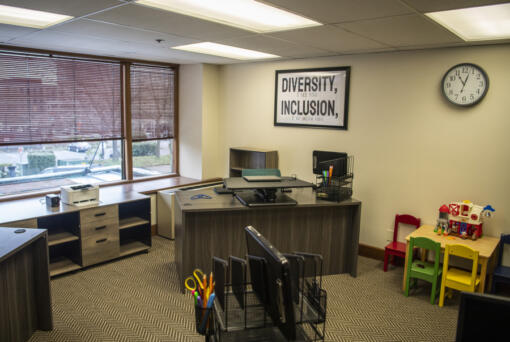 Desks sit inside the Mullen-Polk Foundation's Family Resource Center at the nonprofit headquarters in downtown Vancouver. The center will help connect individuals and families to resources throughout the community to help get their basic needs met.