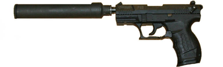 This Bureau of Alcohol, Tobacco and Firearms image shows a Walther P22 pistol with a suppressor, or silencer, attached.