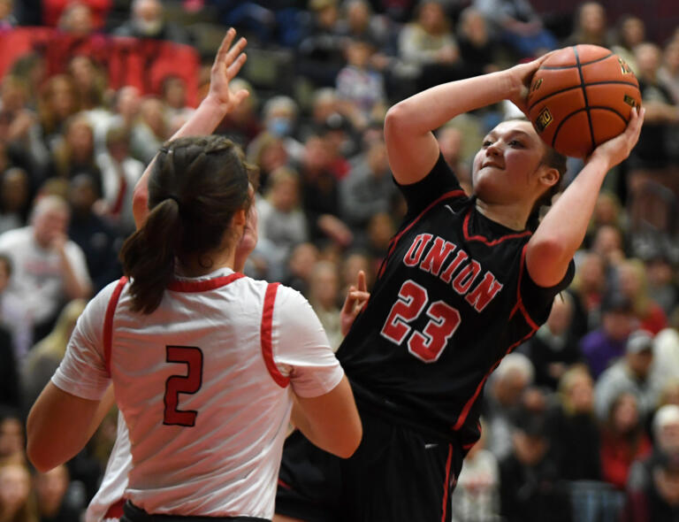 Union freshman Brooklynn Haywood shoots the ball Tuesday, Jan. 3, 2023, during the Papermakers’ 63-52 win against Union at Camas High School.