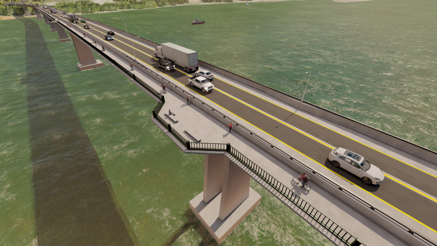 A rendering shows the Hood River-White Salmon Interstate Bridge replacement, which, like the proposed I-5 project, would allow for bikes and pedestrians to cross the river safely.