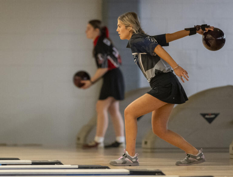 Skyview senior Lauren Gaynor bowls Friday, Jan. 27, 2023, during the 4A/3A District Bowling Tournament at Husted’s Hazel Dell Lanes.