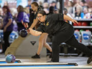 Evergreen senior Kierra Wilcox bowls Friday, Jan. 27, 2023, during the 4A/3A District Bowling Tournament at Husted???s Hazel Dell Lanes.