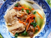 I made my own wontons for this warming soup. Find wonton wrappers in the refrigerated section of most grocery stores.