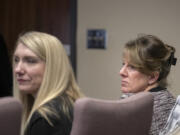 Defense attorney Jacy Thayer, left, sits with defendant Stephanie "Sam" Westby at the opening of Westby's murder trial Monday at the Clark County Courthouse. Westby is accused of killing her husband during a confrontation over him having an extramarital affair.