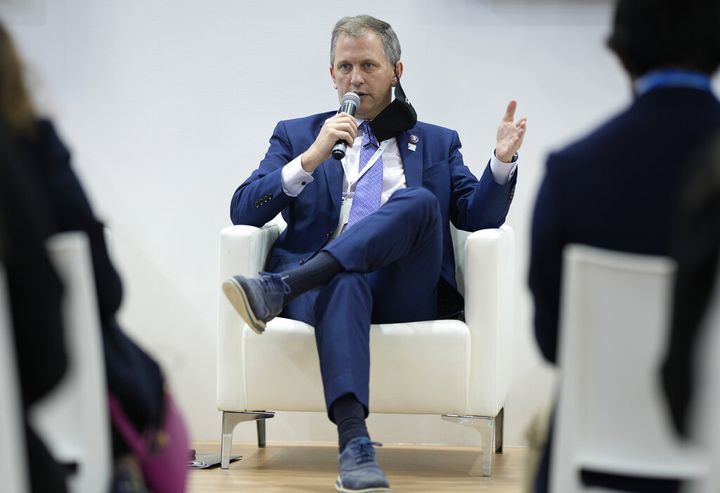 Rep. Sean Casten, D-Ill., speaks at an event at the US Climate Action Center at the COP26 U.N. Climate Summit in Glasgow, Scotland, Tuesday, Nov. 9, 2021. The U.N. climate summit in Glasgow has entered it's second week as leaders from around the world, are gathering in Scotland's biggest city, to lay out their vision for addressing the common challenge of global warming.