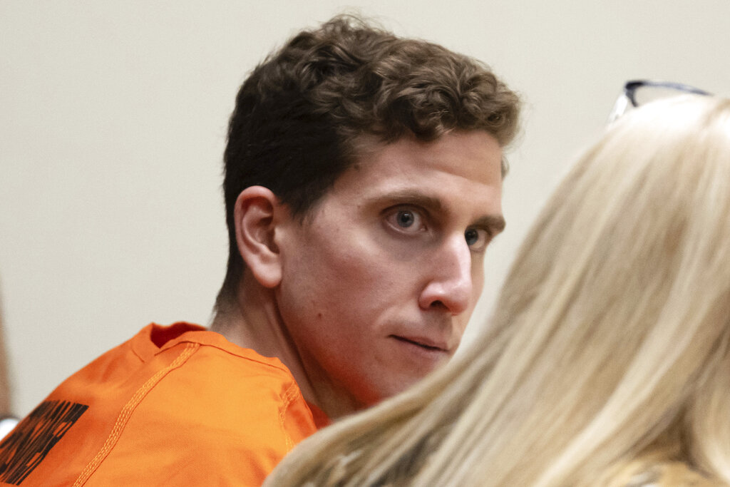 Bryan Kohberger, left, who is accused of killing four University of Idaho students in November 2022, looks toward his attorney, public defender Anne Taylor, right, during a hearing in Latah County District Court, Thursday, Jan. 5, 2023, in Moscow, Idaho. (AP Photo/Ted S.