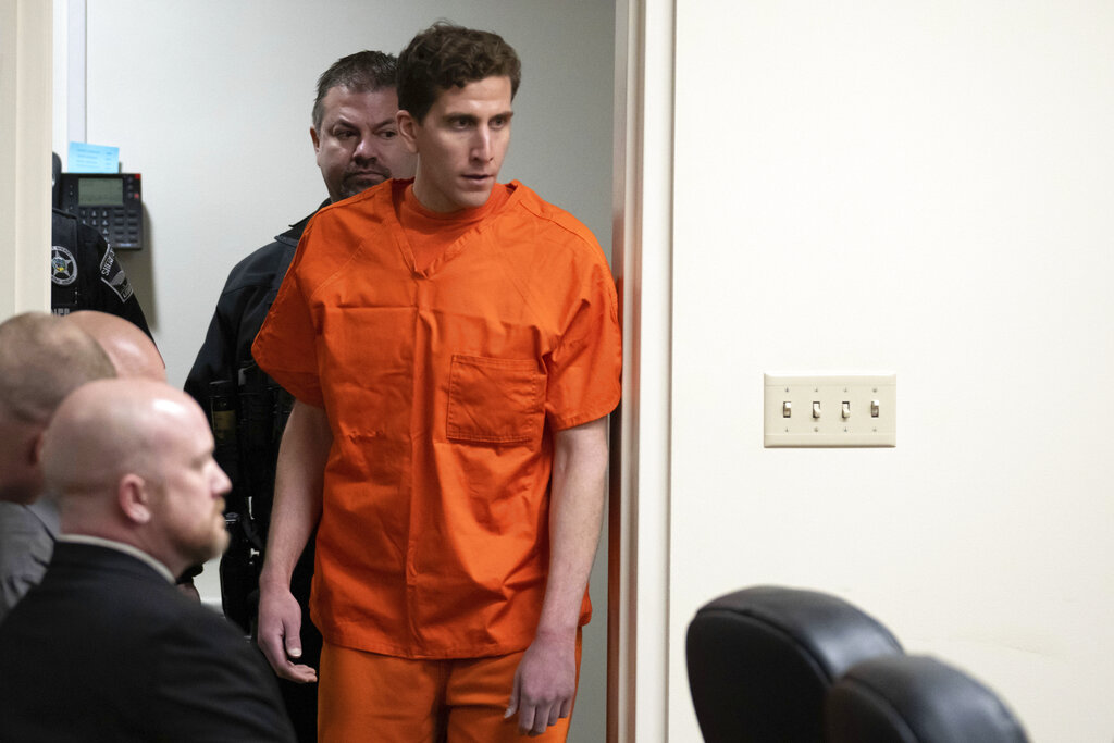 FILE - Bryan Kohberger, right, who is accused of killing four University of Idaho students in November 2022, appears at a hearing in Latah County District Court, Thursday, Jan. 5, 2023, in Moscow, Idaho. Nearly two months after four University of Idaho students were killed near campus — and two weeks after a suspect was arrested and charged with the crime — the picturesque school grounds are starting to feel a little closer to normal. (AP Photo/Ted S.
