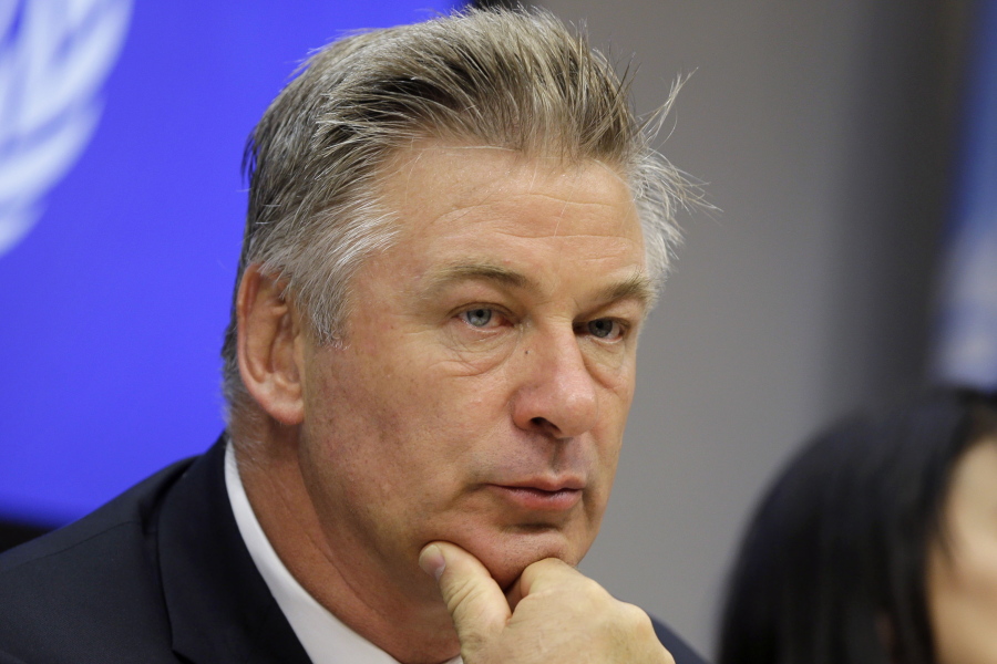 FILE - Actor Alec Baldwin attends a news conference at United Nations headquarters, on Sept. 21, 2015. A Santa Fe district attorney is prepared to announce whether to press charges in the fatal 2021 film-set shooting of a cinematographer by actor Baldwin during a rehearsal on the set of the Western movie "Rust." Santa Fe District Attorney Mary Carmack-Altwies said a decision will be announced Thursday morning, Jan. 19, 2022, in a statement and on social media platforms.