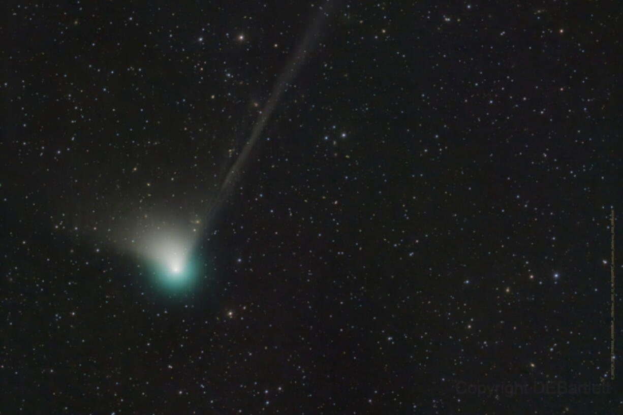 This photo provided by Dan Bartlett shows comet C/2022 E3 (ZTF) on Dec. 19, 2022. It last visited during Neanderthal times, according to NASA. It is expected to come within 26 million miles (42 million kilometers) of Earth on Feb. 1, 2023, before speeding away again, unlikely to return for millions of years.