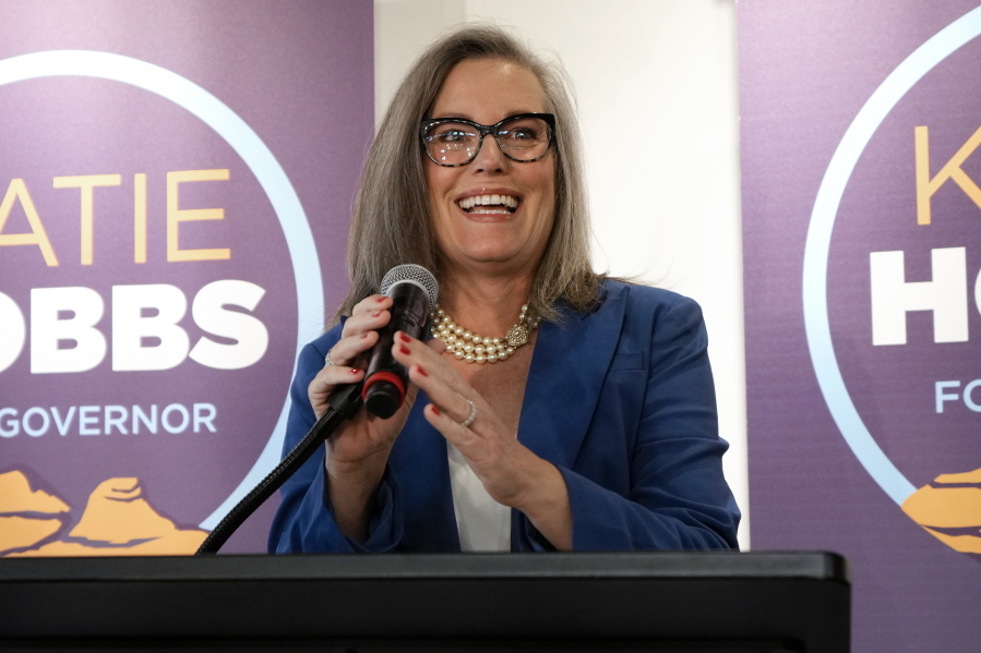 FILE - Democratic Arizona Gov.-elect Katie Hobbs speaks at a victory rally on Nov. 15, 2022, in Phoenix. Hobbs takes the oath of office Monday, Jan. 2, 2023, to become Arizona's 24th governor and the first Democrat to hold the office since 2009.
