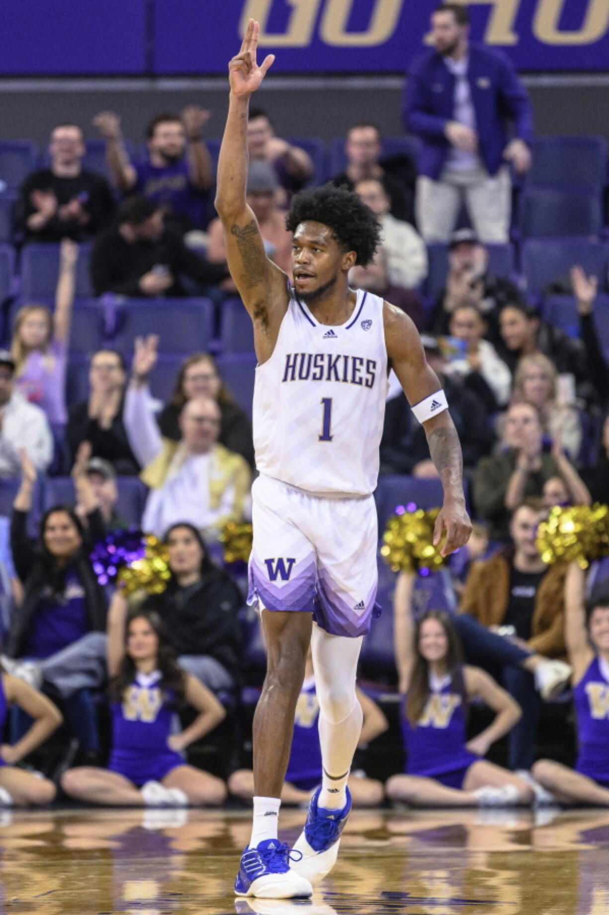Washington's Keion Brooks celebrates after hitting a 3-pointer against Arizona State during the first half of an NCAA college basketball game Thursday, Jan. 26, 2023, in Seattle.