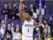Washington's Keion Brooks celebrates after hitting a 3-pointer against Arizona State during the first half of an NCAA college basketball game Thursday, Jan. 26, 2023, in Seattle.