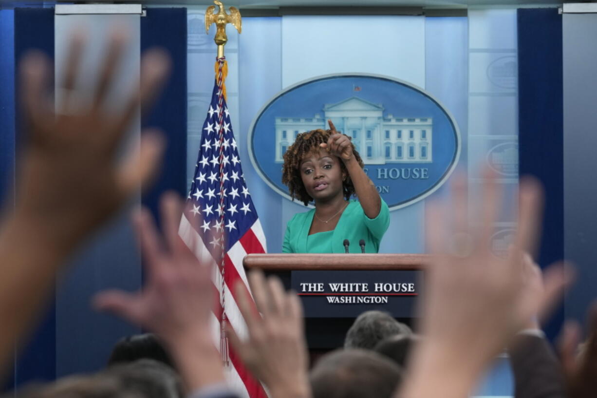 White House press secretary Karine Jean-Pierre speaks during the daily briefing at the White House in Washington, Wednesday, Jan. 18, 2023.