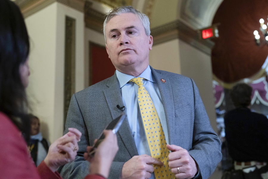 FILE - Rep. James Comer, R-Ky., talks to reporters as he walks to the House chamber, on Capitol Hill in Washington, Thursday, Jan. 12, 2023. In a letter, Sunday, Jan. 15, to the White House, Comer, who chairs the House Oversight Committee, says he wants to see the documents and communications related to searches that have uncovered classified documents at President Joe Biden's home and former office as well as visitor logs of the president's Wilmington, Delaware, home from Jan. 20, 2021, to present.