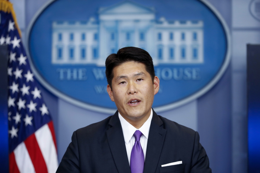 FILE - Then-Principal Associate Deputy Attorney General Robert Hur speaks during a press briefing at the White House in Washington, July 27, 2017. Hur, the former Trump-appointed U.S. attorney in Maryland, will lead the investigation, taking over from the top Justice Department prosecutor in Chicago, John Lausch, who was earlier assigned by the department to investigate the matter and who recommended to Garland last week that a special counsel be appointed. Hur is to begin his work soon.