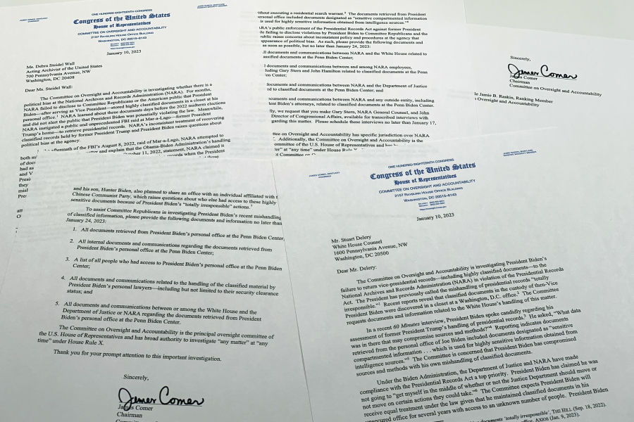 The letters from House Oversight Committee chairman Rep. James Comer, R-Ky., to Debra Steidel Wall, archivist of the United States, and White House Counsel Stuart Delery are photographed Tuesday, Jan. 10, 2023.