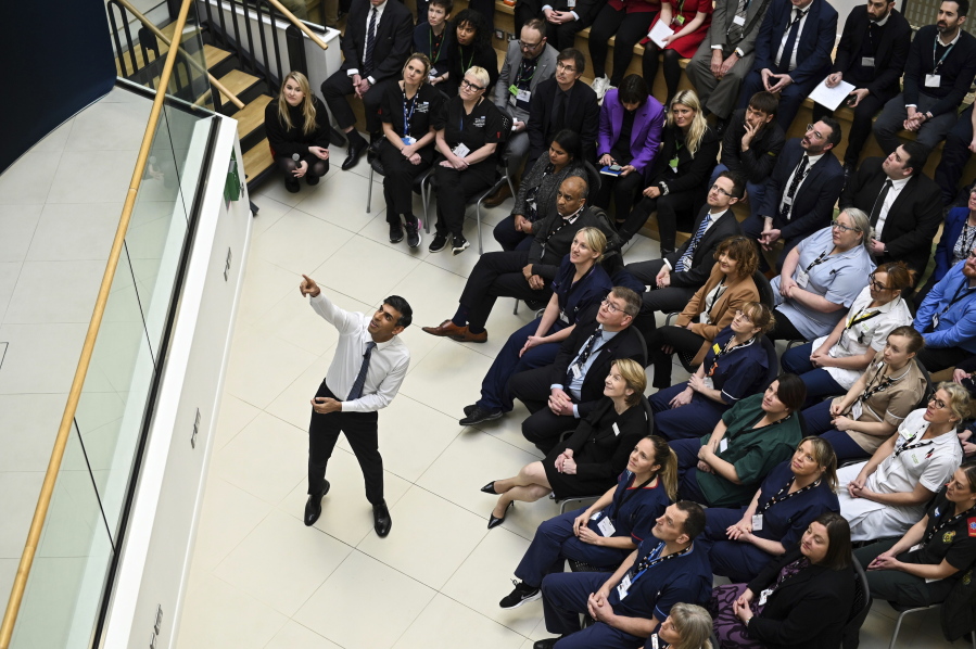 Britain's Prime Minister Rishi Sunak speaks during a Q&A session at Teesside University in Darlington, north-east England, Monday Jan. 30, 2023.