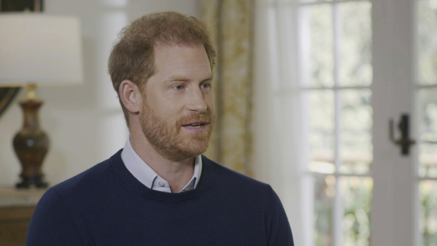 This undated screengrab issued by ITV on Friday Jan. 6, 2023 shows Britain's Prince Harry speaking during an interview with ITV's Tom Bradby for the programme Harry: The Interview.