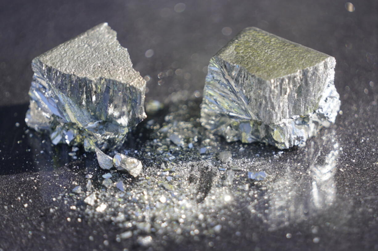 FILE - Refined tellurium is displayed at the Rio Tinto Kennecott refinery, May 11, 2022, in Magna, Utah. The world has enough rare earth minerals and other critical raw materials to switch from fossil fuels to renewable energy to produce electricity and limit global warming, according to a new study that counters concerns about the supply of such minerals.