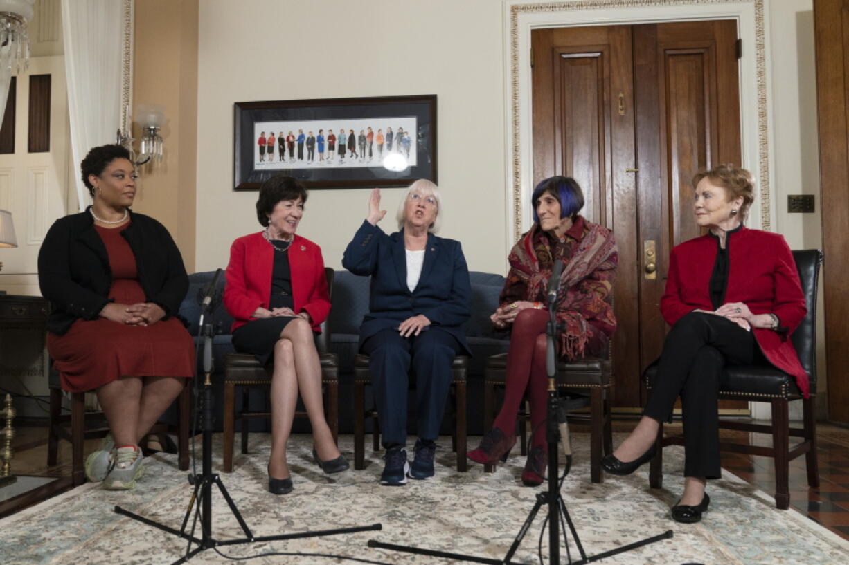 From left, Shalanda Young, the first Black woman to lead the Office of Management and Budget; Senate Appropriations Committee ranking member Sen. Susan Collins, R-Maine; Senate Appropriations Committee chair Sen. Patty Murray, D-Wash.; House Appropriations Committee ranking member Rep. Rosa DeLauro, D-Conn.; and House Appropriations chair Rep. Kay Granger, R-Texas, speak during an interview with The Associated Press at the Capitol in Washington, Thursday, Jan. 26, 2023. It's the first time in history that the four leaders of the two congressional spending committees are women.