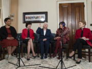 From left, Shalanda Young, the first Black woman to lead the Office of Management and Budget; Senate Appropriations Committee ranking member Sen. Susan Collins, R-Maine; Senate Appropriations Committee chair Sen. Patty Murray, D-Wash.; House Appropriations Committee ranking member Rep. Rosa DeLauro, D-Conn.; and House Appropriations chair Rep. Kay Granger, R-Texas, speak during an interview with The Associated Press at the Capitol in Washington, Thursday, Jan. 26, 2023. It's the first time in history that the four leaders of the two congressional spending committees are women.