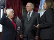 Vice President Kamala Harris participates in a ceremonial swearing-in of Sen. Patty Murray, D-Wash., with Murray's husband Rob Murray, in the Old Senate Chamber on Capitol Hill in Washington, Tuesday, Jan. 3, 2023.