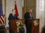 U.S. Secretary of State Antony Blinken, left, and Egyptian Foreign Minister Sameh Shoukry hold a press conference in Cairo, Egypt, Monday Jan. 30, 2023.