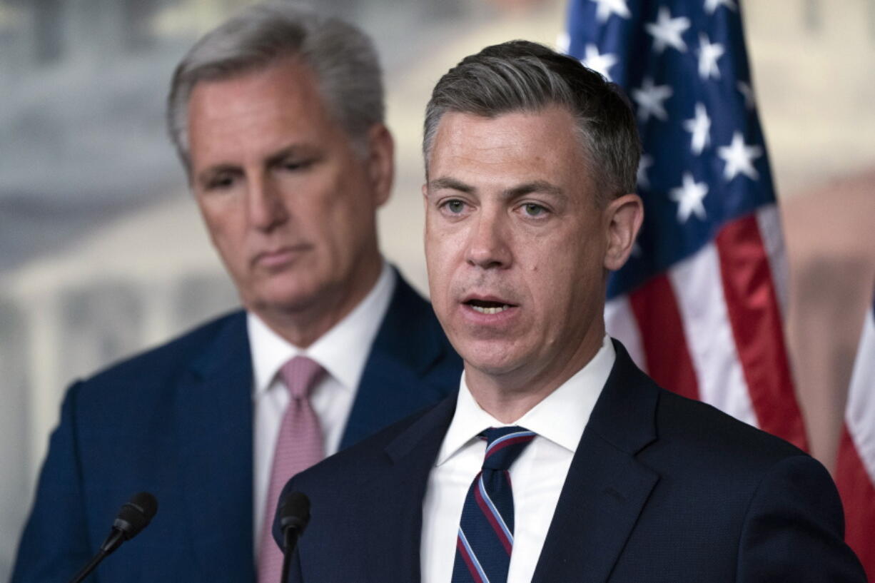 FILE - Rep. Jim Banks, R-Ind., right, speaks as House Minority Leader Kevin McCarthy of Calif., listens during a news conference on the House Jan. 6 Committee, on June 9, 2022, on Capitol Hill in Washington. Banks, a combative defender of former President Donald Trump, on Tuesday, Jan. 17, 2023, launched a campaign for the U.S. Senate seat from Indiana being given up by fellow Republican Mike Braun.