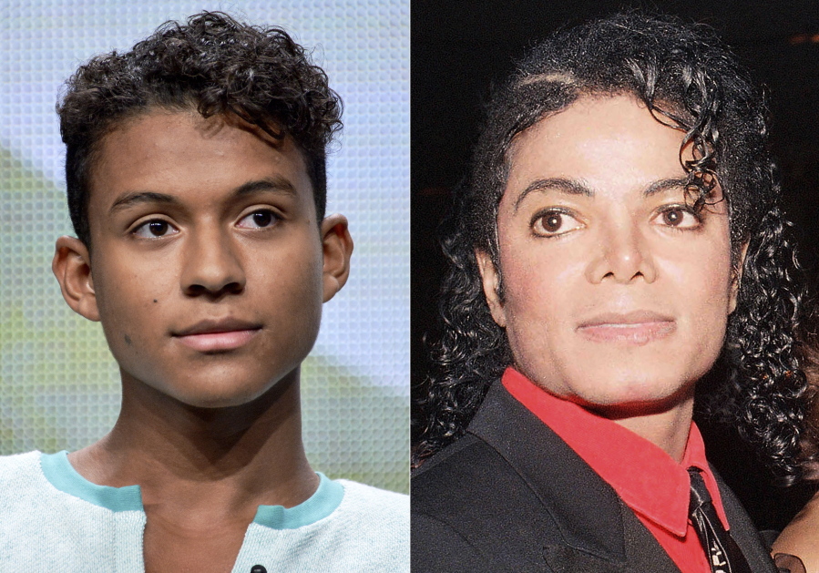 Jaafar Jackson appears during the "Living with The Jacksons" panel at the Reelz Channel 2014 Summer TCA in Beverly Hills, Calif., on July 12, 2014, left, and Michael Jackson appears at the American Cinema Award gala in Beverly Hills, Calif., on Jan. 9, 1987. Michael Jackson's 26-year-old nephew, Jaafar, will play the King of Pop in a planned biopic to be directed by Antoine Fuqua.