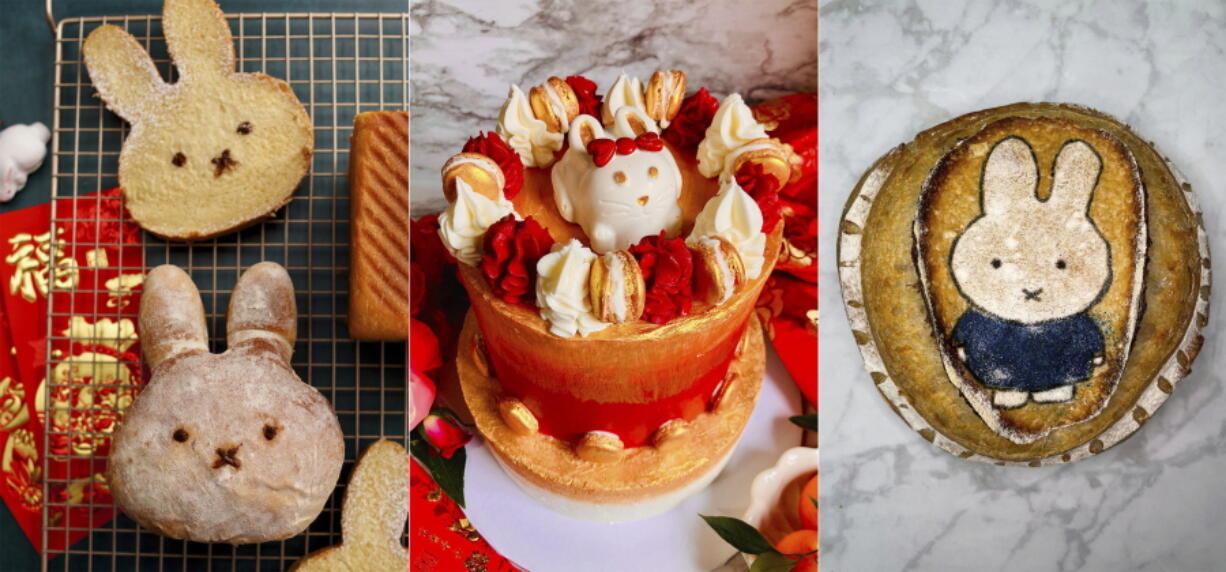 This combination of image shows bakes goods, from left, Year of the Rabbit milk bread, a two-tier Lunar New Year cake with a Year of the Rabbit theme, and  a sourdough boule with an illustration of Miffy, a rabbit from a popular Dutch picture book series. With Lunar New Year, the possibilities of dessert or as varied as the Asian diasporas around the world that celebrate the occasion. In this age of social media, food savvy and cultural pride, younger generations of Asians are getting more inspired to bring desserts to the family dinner table that are whimsical and creative.
