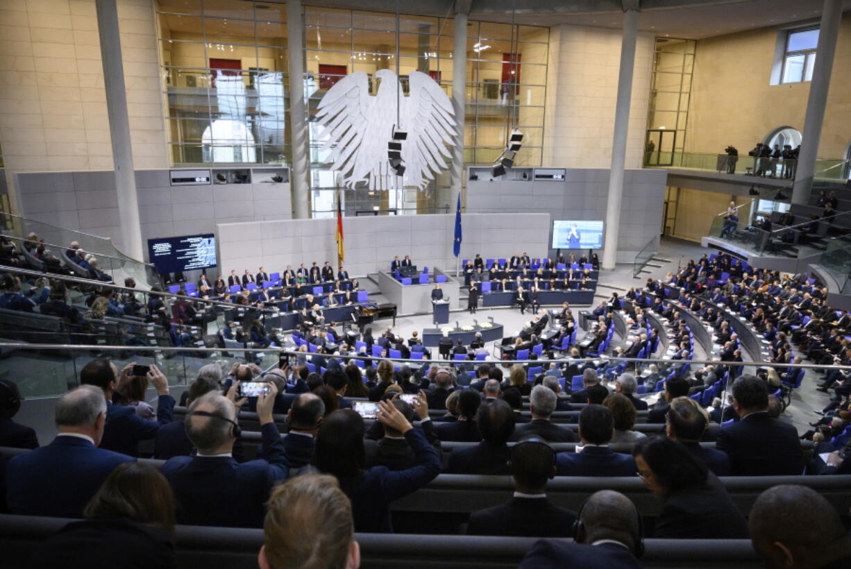 Bundestag President Baerbel Bas  speaks at the hour of remembrance for the victims of National Socialism in the German Parliament Bundestag in Berlin, Germany, Friday, Jan. 27, 2023. Traditionally, around the anniversary of the liberation of the Auschwitz-Birkenau concentration camp, the members of parliament commemorate the millions of people who were disenfranchised, persecuted and murdered during the National Socialist tyranny with an event in the plenary hall.
