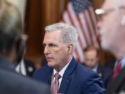 FILE - House Speaker Kevin McCarthy of Calif., pauses during a break in the taping of an interview for the Hannity show with Fox News Channel's Sean Hannity, on Capitol Hill, Jan. 10, 2023, in Washington.