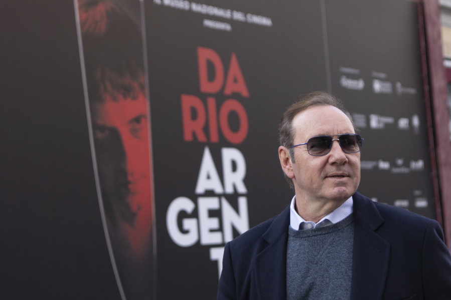 Actor Kevin Spacey leaves the National Museum of Cinema in Turin, Italy, Friday, Jan. 13, 2023. Kevin Spacey is scheduled to teach a class and being given an award at the National Museum of Cinema in Turin next Jan. 16.