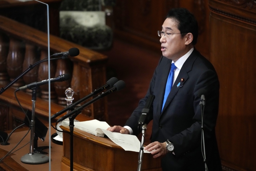 Japanese Prime Minister Fumio Kishida speaks during a Diet session at the lower house of parliament Monday, Jan. 23, 2023, in Tokyo.