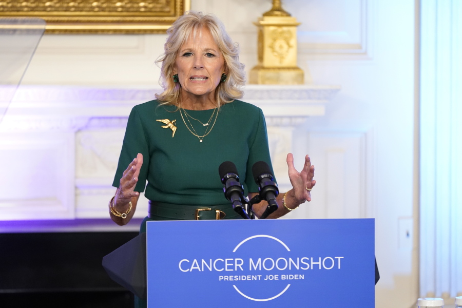 FILE - First lady Jill Biden speaks during an event to launch the American Cancer Society's national roundtables on breast and cervical cancer in the State Dining Room of the White House, Oct. 24, 2022, in Washington.