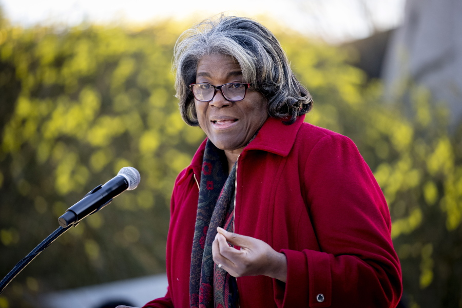 United States Ambassador to the United Nations Linda Thomas-Greenfield speaks during a wreath-laying ceremony at the Martin Luther King Jr. Memorial on Martin Luther King Jr. Day in Washington, Monday, Jan. 16, 2023.