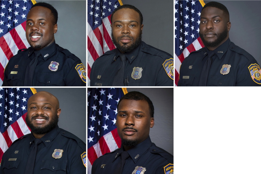This combo of images provided by the Memphis Police Department shows from top left, officers Tadarrius Bean, Demetrius Haley, Emmitt Martin III, and bottom from left, officers Desmond Mills, Jr. and Justin Smith. Memphis was on edge Monday, jan. 23, 2023 ahead of the possible release of video footage of a Black man's violent arrest that has led to three separate law enforcement investigations and the firings of these five police officers after he died in a hospital.