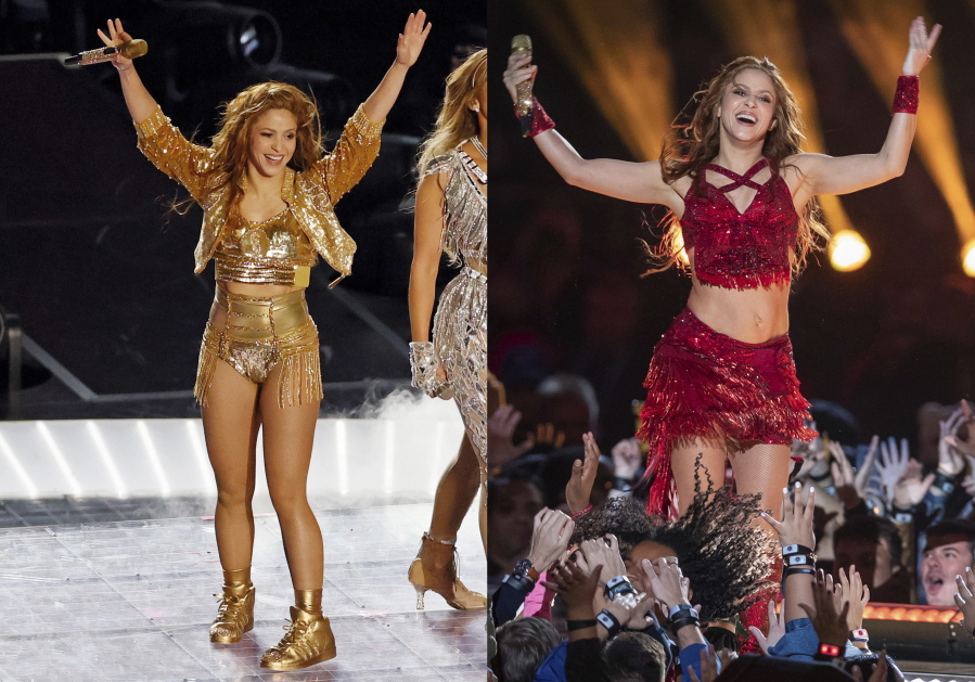 This combination of photos shows Shakira performing during the halftime show at the NFL Super Bowl 54 football game between the San Francisco 49ers and Kansas City Chiefs', on Feb. 2, 2020, in Miami Gardens, Fla.. Shakira's two outfits worn during the Super Bowl halftime performance, handwritten lyrics and her heavily crystalized electric guitar are among the items that will be on display for a museum exhibit in Los Angeles. The Grammy Museum said Thursday, Jan. 26, 2023, that the multi-Grammy winner will have her first exhibit opening on March 4.