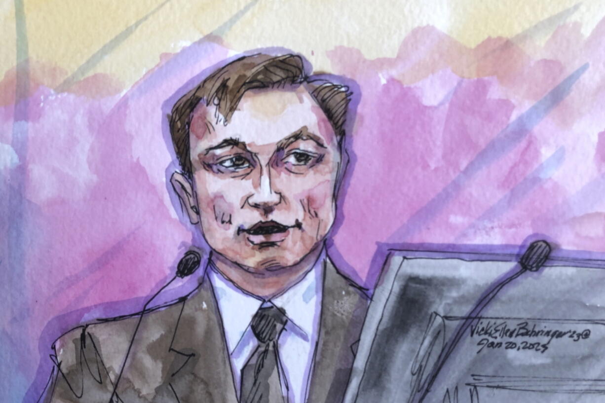 In this courtroom sketch, Elon Musk appears in federal court in San Francisco, Friday, Jan. 20, 2023. Musk took the witness stand to defend a 2018 tweet claiming he had lined up the financing to take Tesla private in a deal that never came close to happening. The tweet resulted in a $40 million settlement with securities regulators. It also led to a class-action lawsuit alleging he misled investors, pulling him into court Friday.
