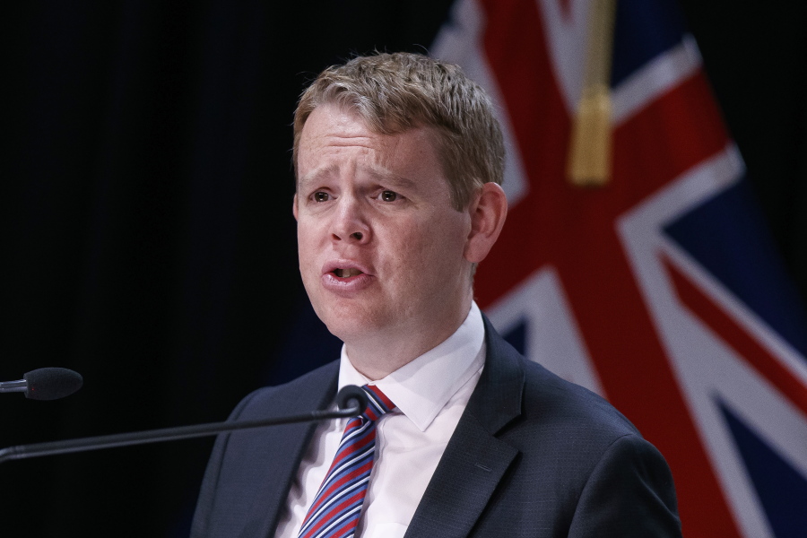 FILE - New Zealand's COVID-19 Response Minister Chris Hipkins speaks during a press conference in Wellington, New Zealand on Oct. 28, 2021. Education Minister Chris Hipkins is set to become New Zealand's next prime minister after he was the only candidate to enter the race Saturday, Jan. 21, 2023 to replace Jacinda Ardern, who announced her resignation on Thursday, Jan. 19, 2023.