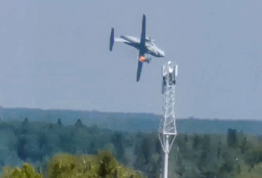 FILE - In this photo taken from video provided by Dmitry Ovchinnikov, the new light military transport plane Il-112V goes down in flames near Kubinka airfield about 45 kilometers (28 miles) west of Moscow, Russia, on Aug. 17, 2021. On Friday, Jan. 20, 2023, The Associated Press reported on stories circulating online incorrectly claiming a video shows the Sunday, Jan. 15 crash of a passenger plane in Pokhara, Nepal, which killed all 72 aboard. The video was recorded in 2021 and was shot in Russia, not Nepal.
