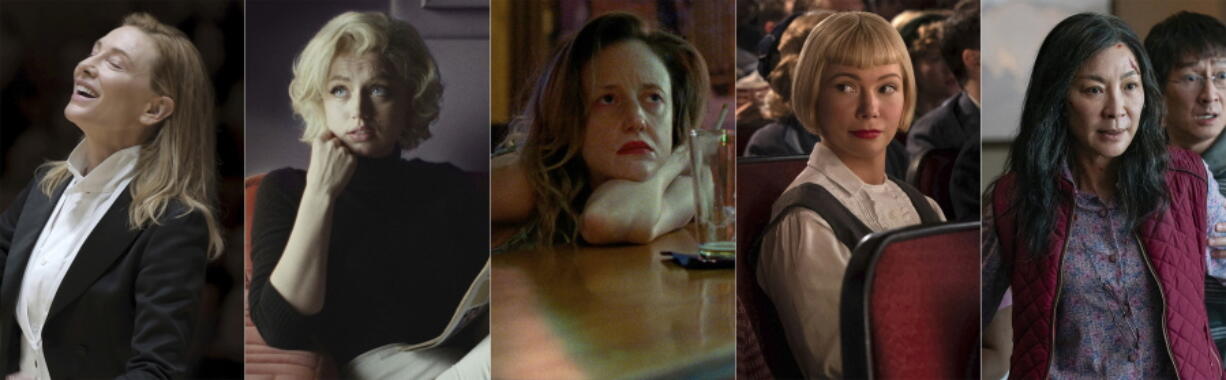 This combination of images shows Oscar nominees for best actress, from left, Cate Blanchett in "T??r," Ana de Armas in "Blonde," Andrea Riseborough in "To Leslie," Michelle Williams in "The Fabelmans," and Michelle Yeoh in "Everything Everywhere All at Once." (Focus Features/Netflix/Momentum Pictures/Universal/A24 via AP)