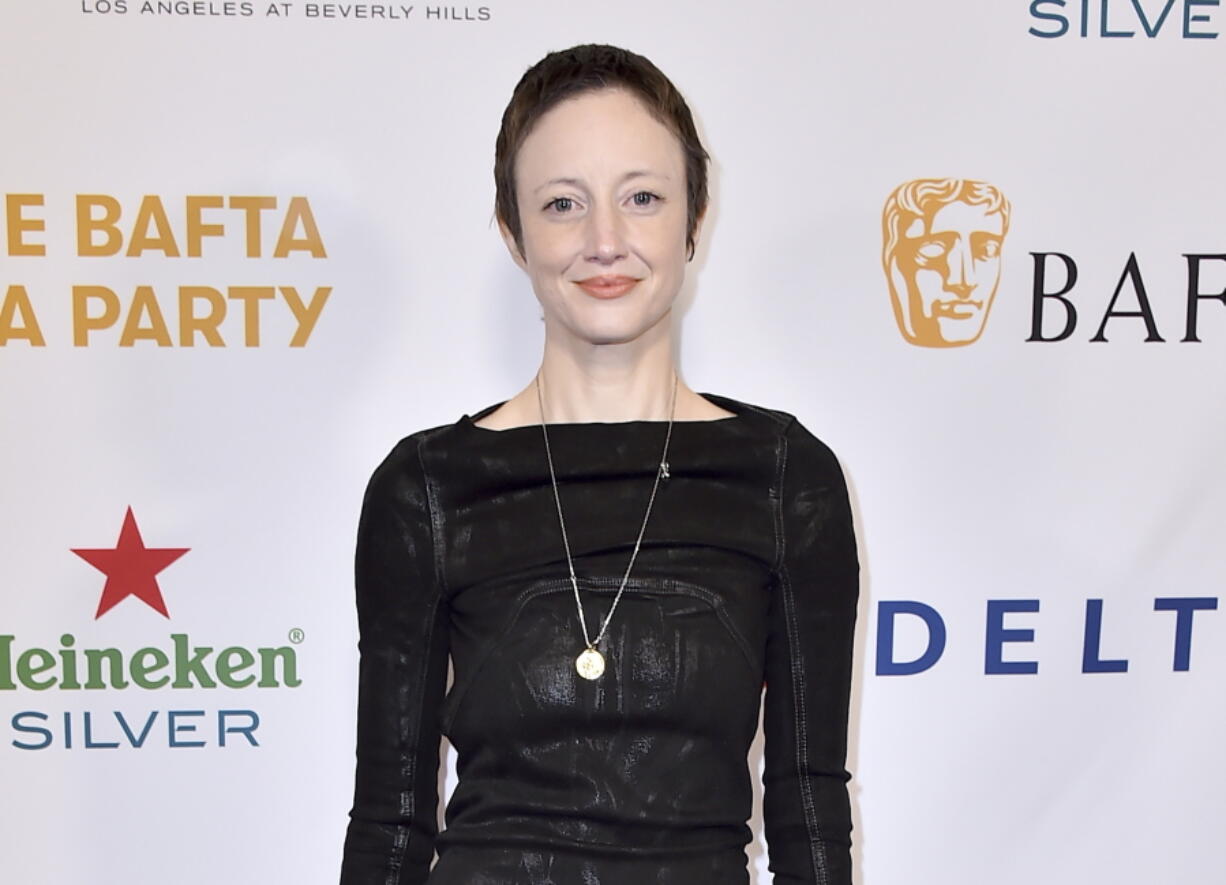 FILE - Andrea Riseborough arrives at the 2023 BAFTA Tea Party in Los Angeles on Jan. 14, 2023.