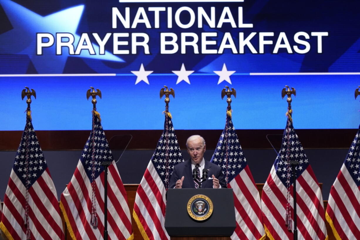 FILE - President Joe Biden speaks at the National Prayer Breakfast, Feb. 3, 2022, on Capitol Hill in Washington.