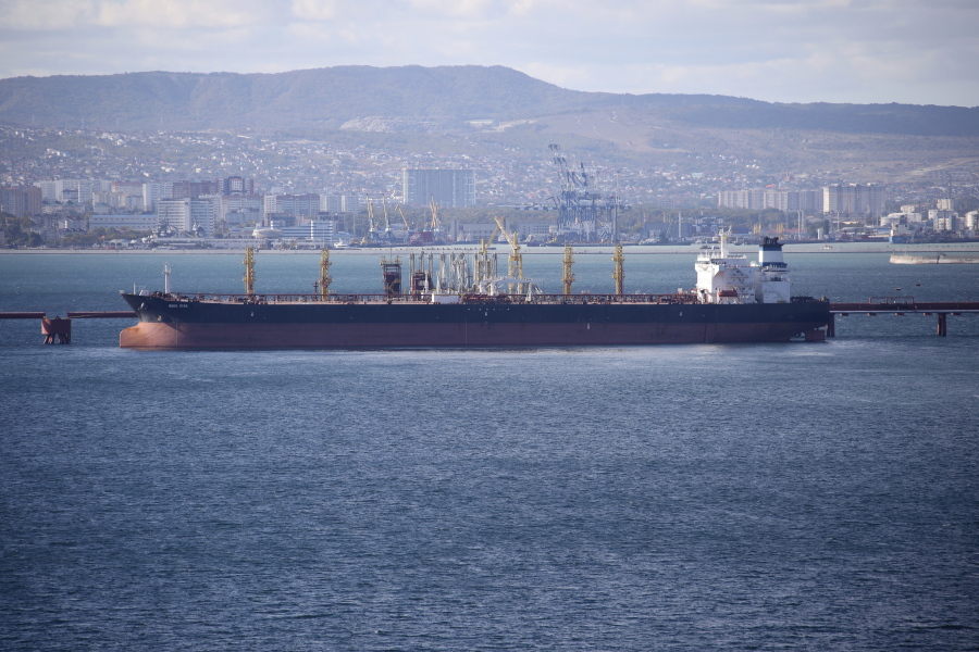 FILE - An oil tanker is moored at the Sheskharis complex, part of Chernomortransneft JSC, a subsidiary of Transneft PJSC, in Novorossiysk, Russia, on Oct. 11, 2022. A price cap and European Union embargo on most Russian oil have cut into Moscow's revenue from fossil fuels, but the Kremlin is still earning substantial cash to fund its war in Ukraine because the $60-per-barrel cap was "too lenient," researchers said Wednesday, Jan. 11, 2023.
