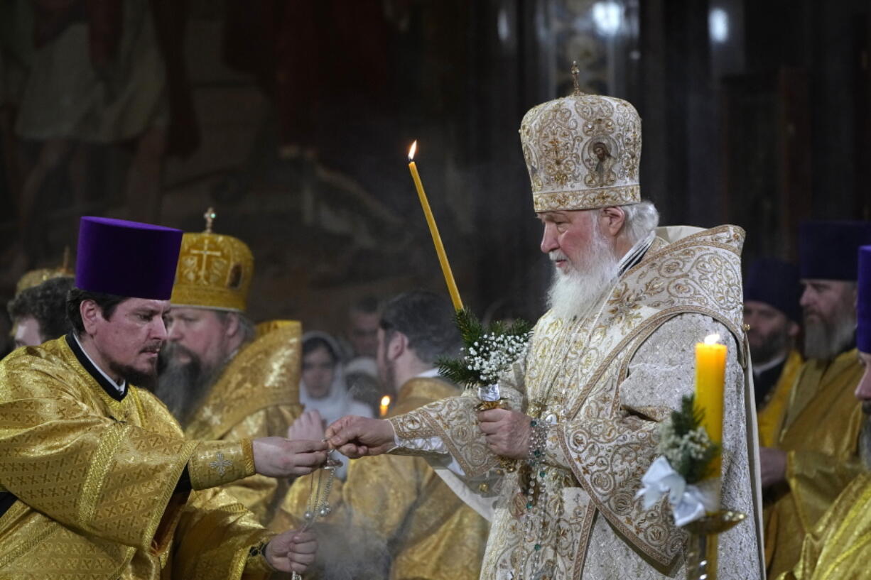 Russian Orthodox Patriarch Kirill delivers a Christmas service in the Christ the Saviour Cathedral in Moscow, Russia, Friday, Jan. 6, 2023. Orthodox Christians celebrate Christmas on Jan. 7, in accordance with the Julian calendar.