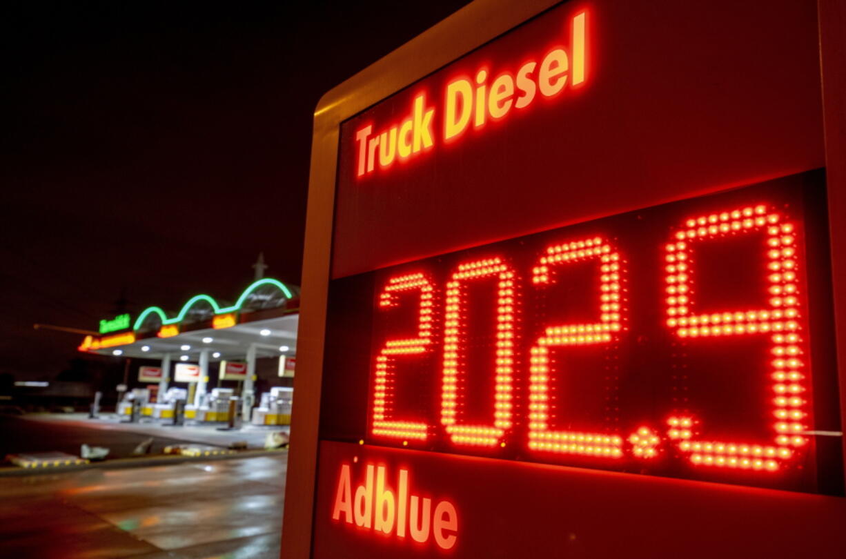 The Diesel price for trucks is displayed at a gas station in Frankfurt, Germany, Friday, Jan. 27, 2023. A European ban on imports of diesel fuel and other products made from crude oil in Russian refineries takes effect Feb. 5. The goal is to stop feeding Russia's war chest, but it's not so simple. Diesel prices have already jumped since the war started on Feb. 24, and they could rise again.
