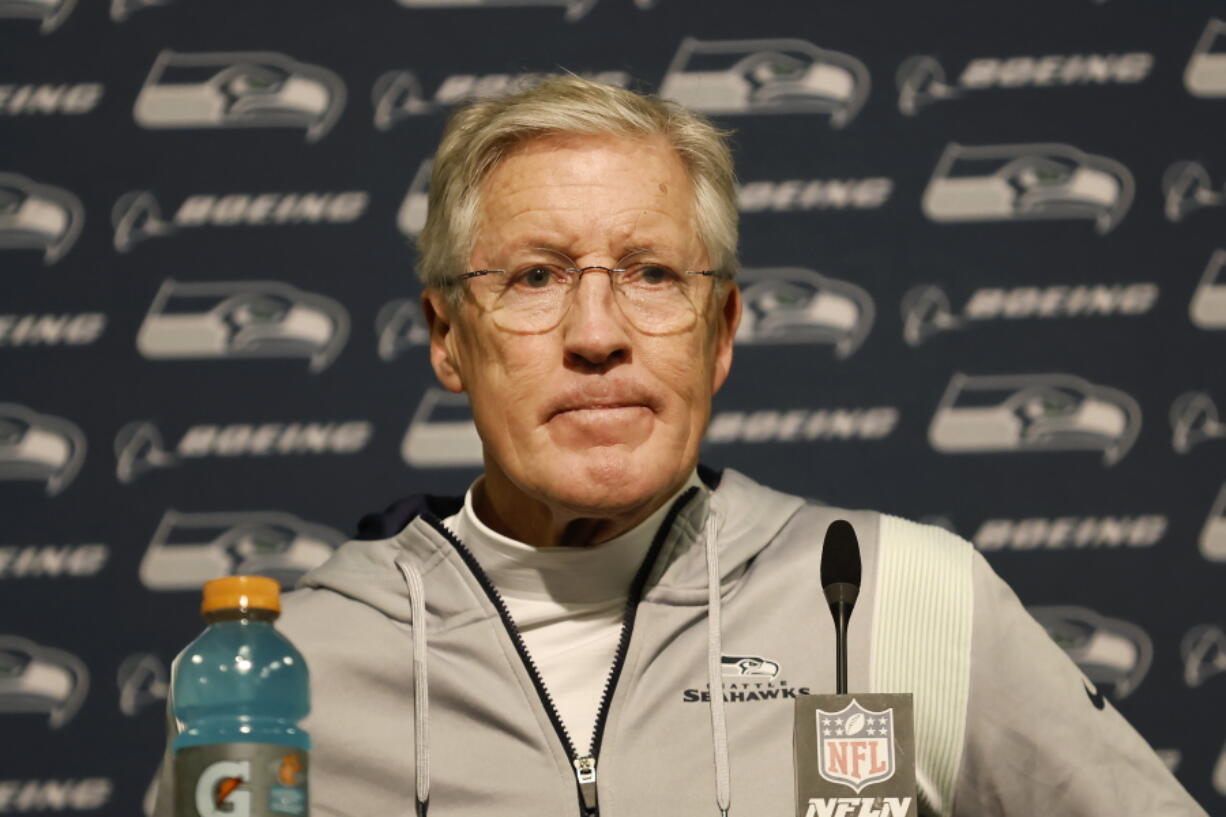 Seattle Seahawks head coach Pete Carroll speaks at a news conference after an NFL wild card playoff football game against the San Francisco 49ers in Santa Clara, Calif., Saturday, Jan. 14, 2023.