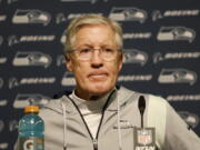 Seattle Seahawks head coach Pete Carroll speaks at a news conference after an NFL wild card playoff football game against the San Francisco 49ers in Santa Clara, Calif., Saturday, Jan. 14, 2023.