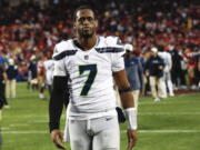 Seattle Seahawks quarterback Geno Smith (7) walks off the field after an NFL wild card playoff football game against the San Francisco 49ers in Santa Clara, Calif., Saturday, Jan. 14, 2023. The 49ers won 41-23.
